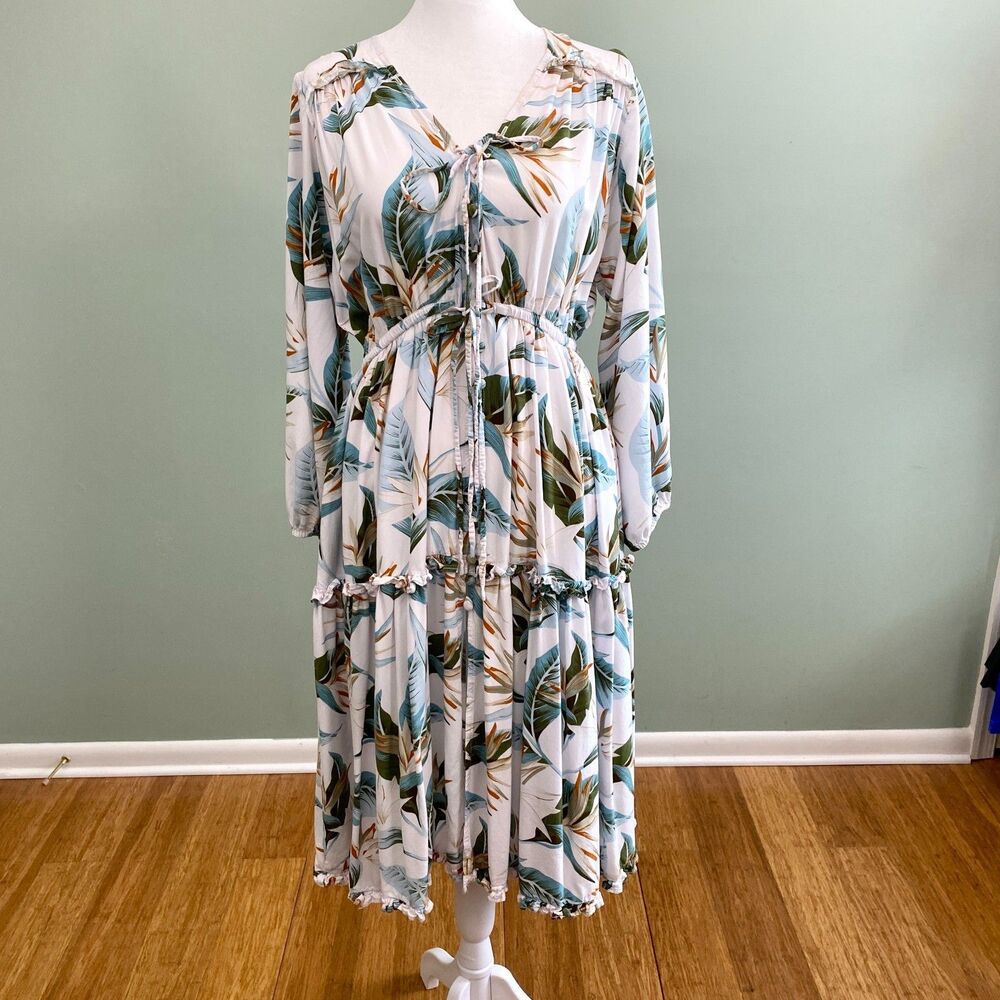 ELF Midi Dress Womens Small Tiered Long Sleeve Button Up Tropical Cottagecore
